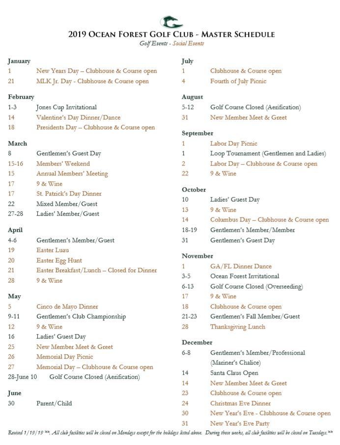2019 Ocean Forest Golf Club - Master Schedule 1